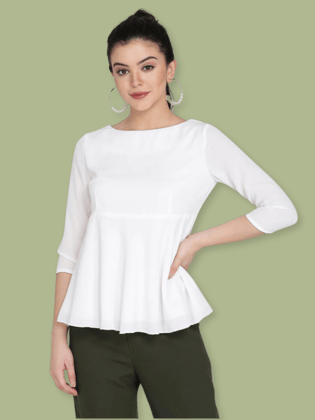 High Waist Flare Poly Moss Top - White-XL