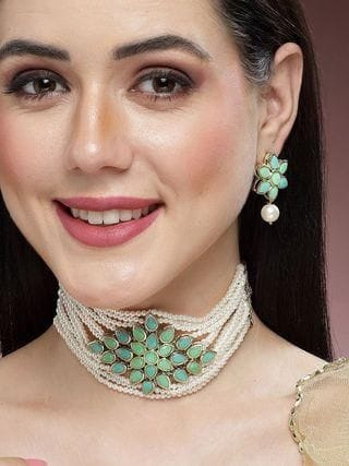 Gold Plated Pearl Beaded Light Blue and Light Green Kundan Stone Choker Necklace Set-Free Size