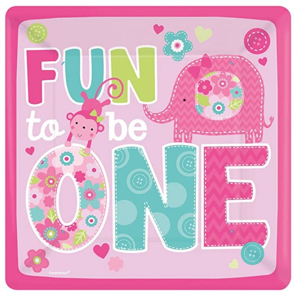 1st Birthday Girl Animal Theme Pink Square Paper Plates - 10inches - 8PC - Party and Festive Needs | Buy online on ZillyBuy