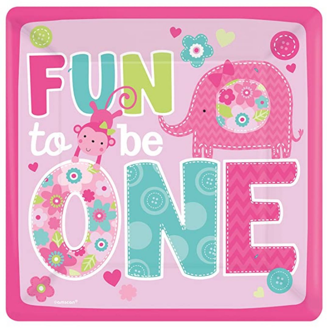 1st Birthday Girl Animal Theme Pink Square Paper Plates - 10inches - 8PC