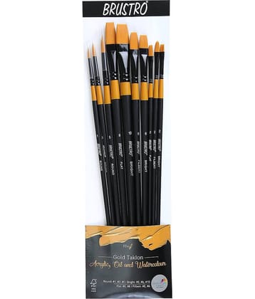 Brustro Artists Gold Taklon Set Of 10 Brushes For Acrylics, Oil And Watercolour