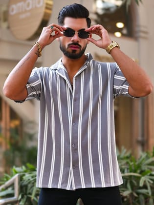 Terry Vertical Stripes Grey Half Sleeve Shirt-S