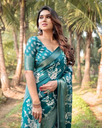 Teal Blue Tussar Silk Saree with White Floral Design, Gold Zari Border & Tassel Pallu-Regular