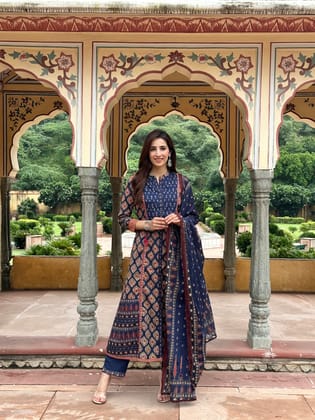 Ajrakh A line Suit set-Navy Blue Colour-M