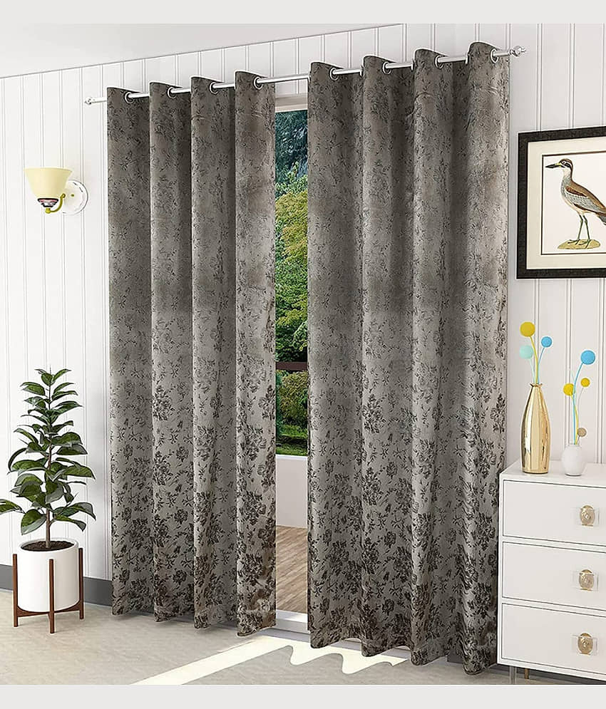 Kraftiq Homes Floral Blackout Eyelet Curtain 9 ft ( Pack of 2 ) - Light Grey