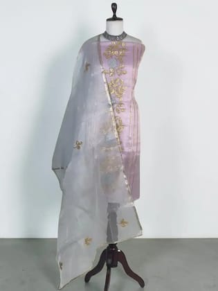 Hand-Embroidered Kota Doria Cotton Silk Dress Material in Lilac Hand-Embroidered Kota Doria Cotton Silk Dress Material in Lilac