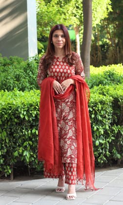 Cotton Red Handblock Kalamkari Suit Set with Kota Doria Dupatta-XXS