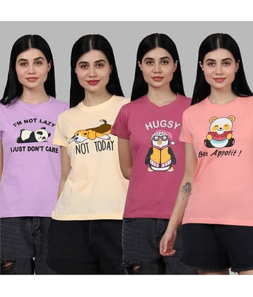 Fabflee Women Cotton Printed Regular Fit Round Neck T-Shirt ( Multicolor )