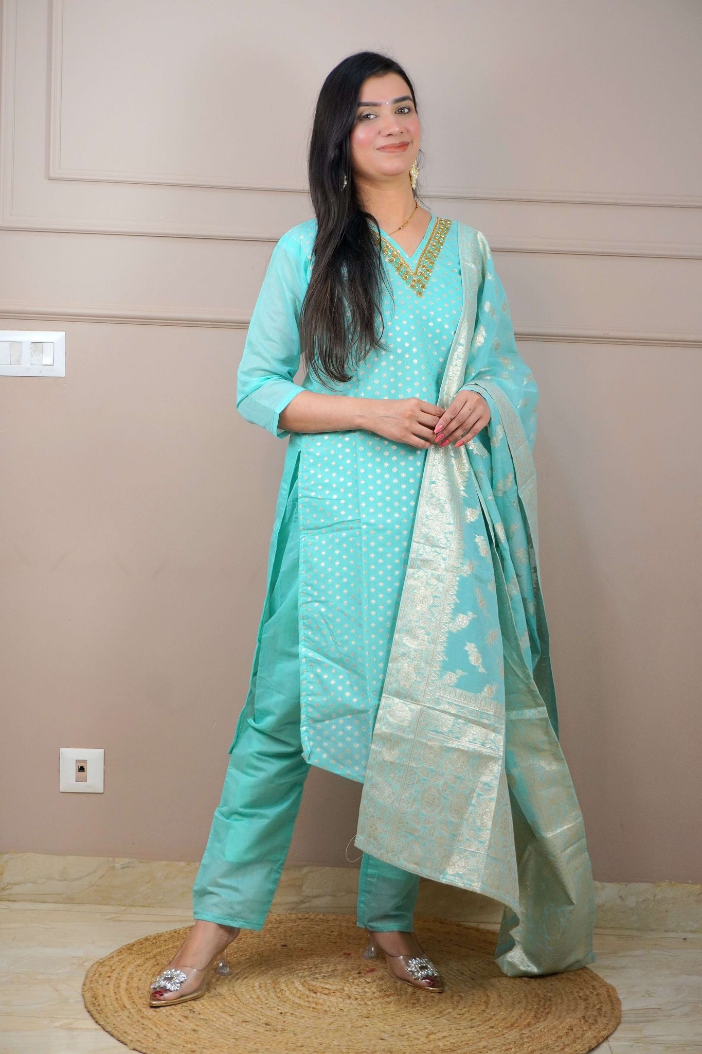 Sea Green Colour Moti Work V Neck Straight Kurta Set with Elastic Pant Dupatta-L / Sea Green