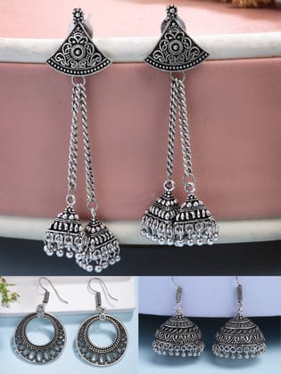 NVR Women Ethnic Set of 3 Oxidized Silver-Plated Jhumka & Chandbali Earrings-One Size / Silver / German Silver