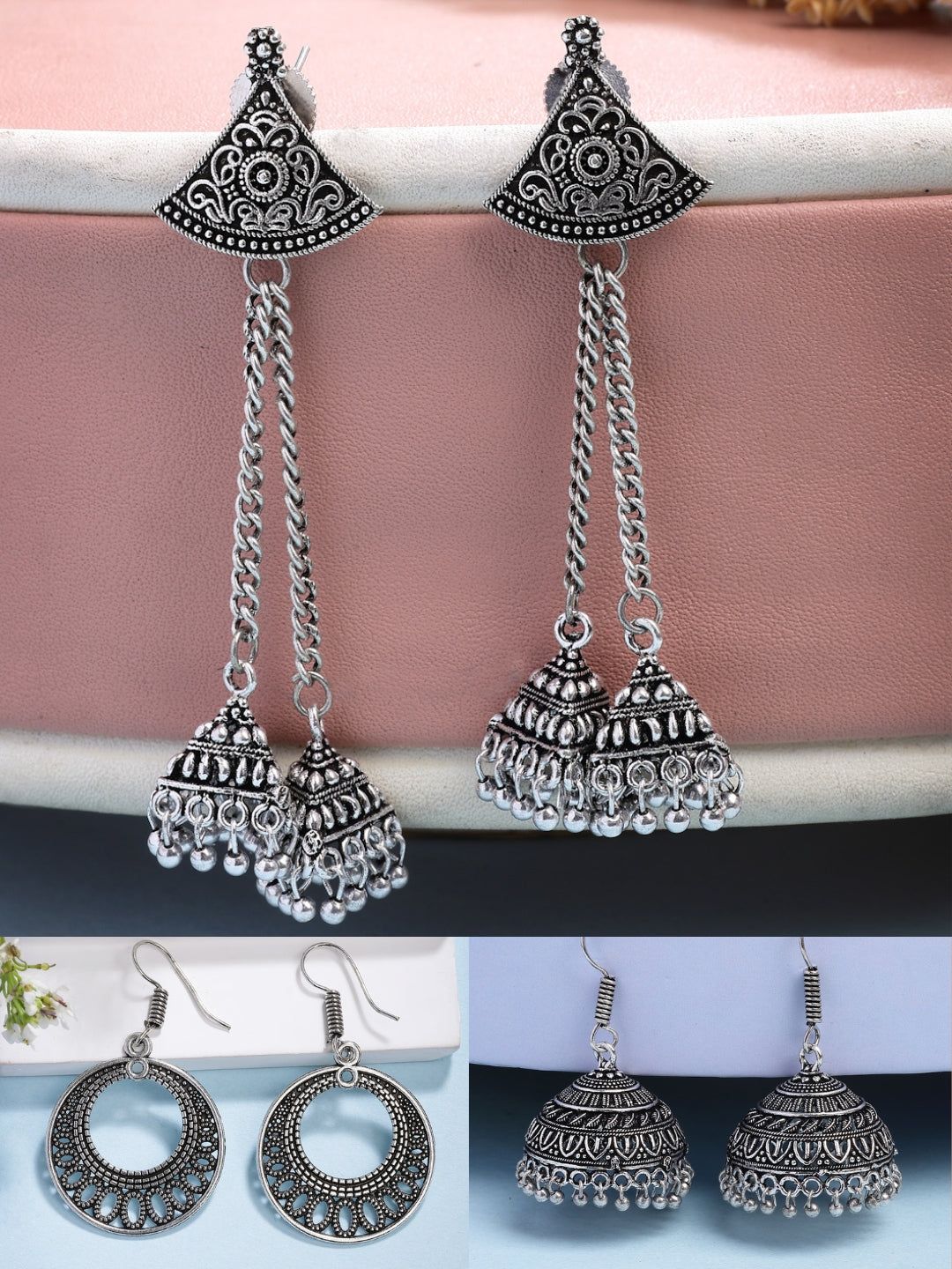 NVR Women Ethnic Set of 3 Oxidized Silver-Plated Jhumka & Chandbali Earrings-One Size / Silver / German Silver