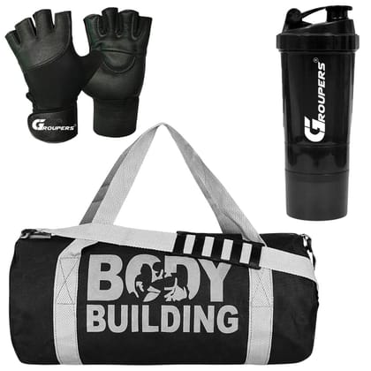 GROUPERS Duffle Canvas Bag with Shaker Bottle-500ml & GloveslSports & Travel BaglSports Kitl (Black)