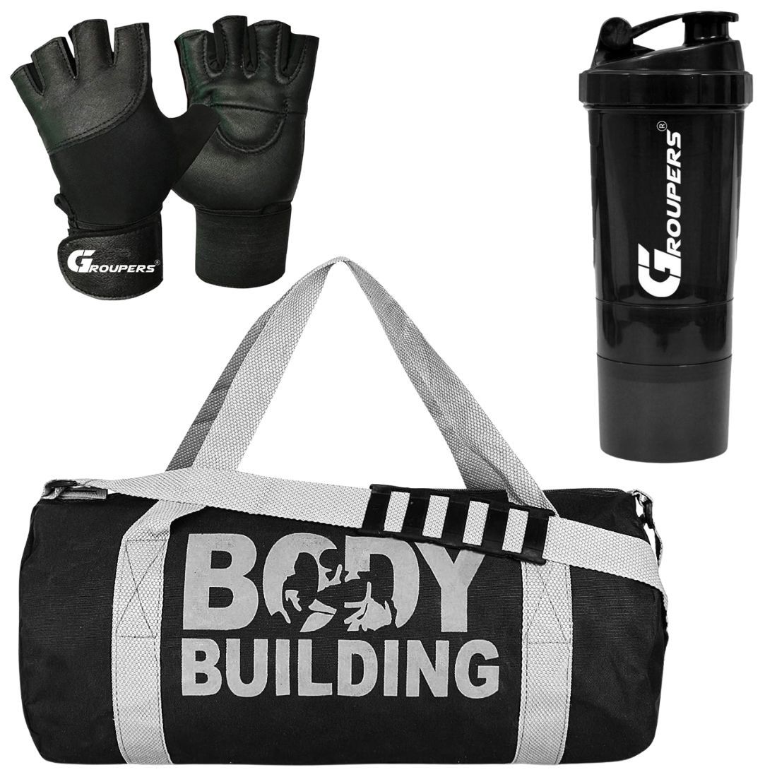 GROUPERS Duffle Canvas Bag with Shaker Bottle-500ml & GloveslSports & Travel BaglSports Kitl (Black)