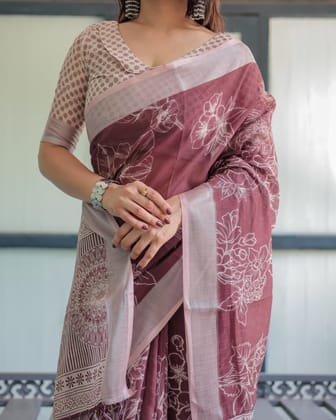 Maroon Floral Printed Pure Cotton Linen Saree with Blouse and Tassels-Regular