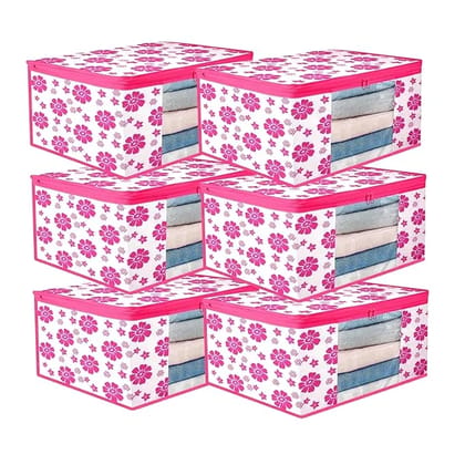 Bindian Multipurpose Saree Cover for Wardrobe Storage | Premium Non-Woven Fabric Cloth Organizer Box with Transparent Window & Zipper | Ideal for Storing Sarees & More (Pink Flower, Pack of 6)