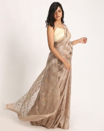 Beige brown stripes handwoven resham and matka silk jamdani saree