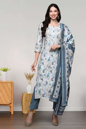 Off White Poly Chanderi Floral Straight Suit Set VKSKD1744