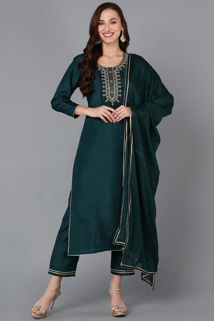 Green Silk Blend Straight Kurta Pant With Dupatta PKSKD1824 - Kurtas & Kurta Sets | Buy online on ZillyBuy