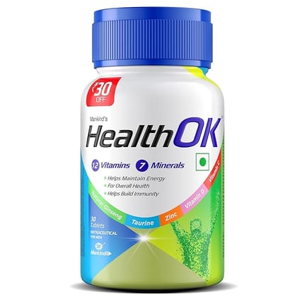 Mankind Health Ok Multi Vitamin  Multimineral  Amino Acids with Ginseng Extract  Zinc  Vitamin C & Vitamin D for Men for Daily Energy  Overall Health  Immunity and Mental Alertness 30 Tablets