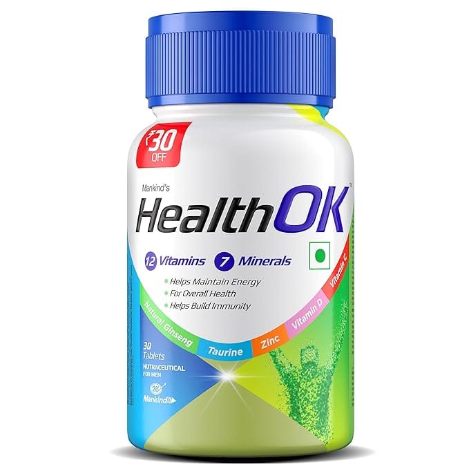 Mankind Health Ok Multi Vitamin  Multimineral  Amino Acids with Ginseng Extract  Zinc  Vitamin C & Vitamin D for Men for Daily Energy  Overall Health  Immunity and Mental Alertness 30 Tablets