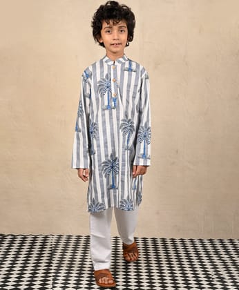 STRIPED FESTIVE PRINTED PURE COTTON KURTA PYJAMA SET - WHITE-2-3 YEARS / 2N / WHITE
