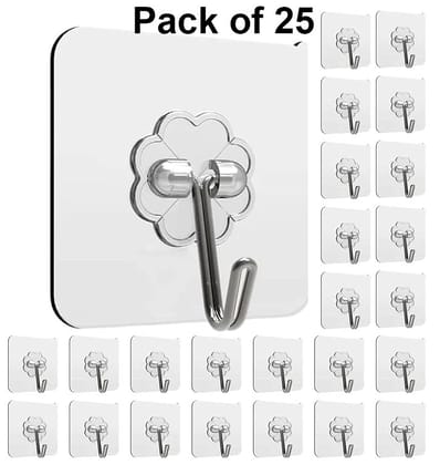 Rudra Adhesive Stronger Plastic Wall Hooks Hangers, Waterproof Stick for Kitchen Bathroom Shower Door Outdoor Home Improvement Utility Hook -25 Pcs Transparent