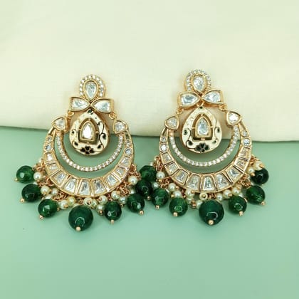 Statement  Meenakari Polki Ruby Green Chandbali Earrings with Pearl Drops