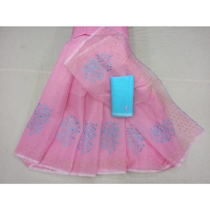 Artisnal Kota Doria Cotton Bel Embroidery Pink Saree Handdyed
