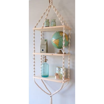 Macrame Triple White Plant Hanger With Pine Wood