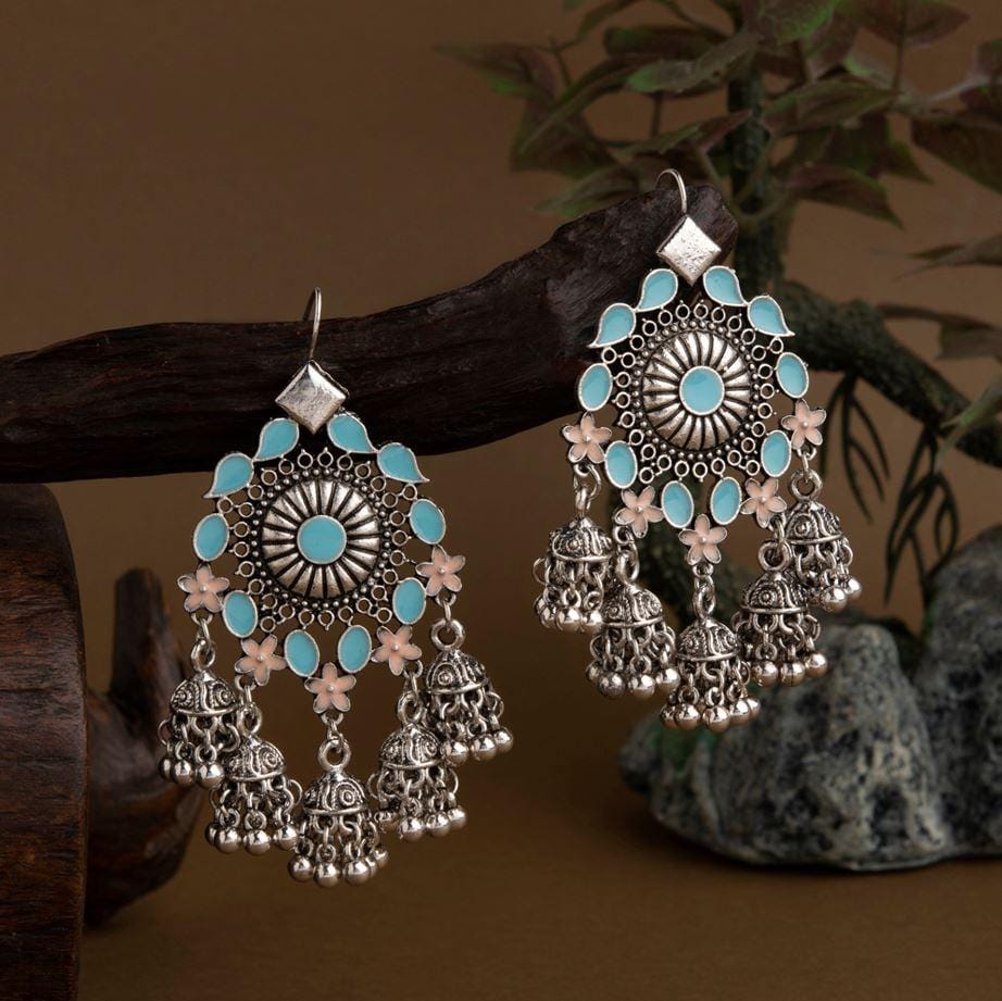 Silver Plated Floral Enamel Design Antique Jhumki Earring- A