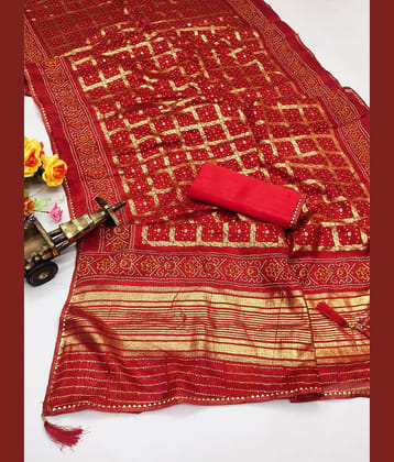 Kanooda Prints Net Woven Saree With Unstitched Blouse Piece ( Red )