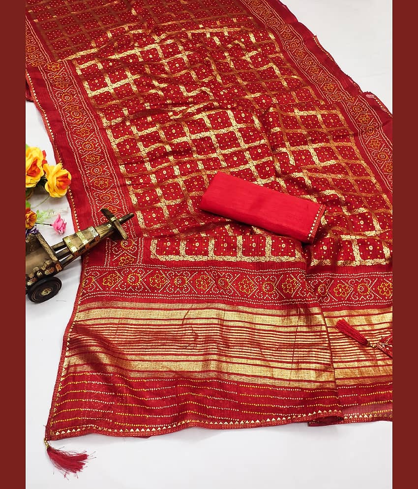 Kanooda Prints Net Woven Saree With Unstitched Blouse Piece ( Red )