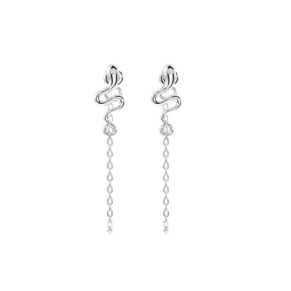 Snake dangler chain earring - Pair-Rhodium