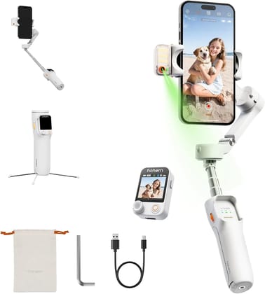 Hohem V3 Ultra - Smart Phone Gimbal with AI Tracking, Fill Light, Detachable Remote and Built-in Extendable Rod & Tripod (White)