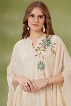 Embroidered Elegance Cream Kaftan Cord Set-CREAM / XL