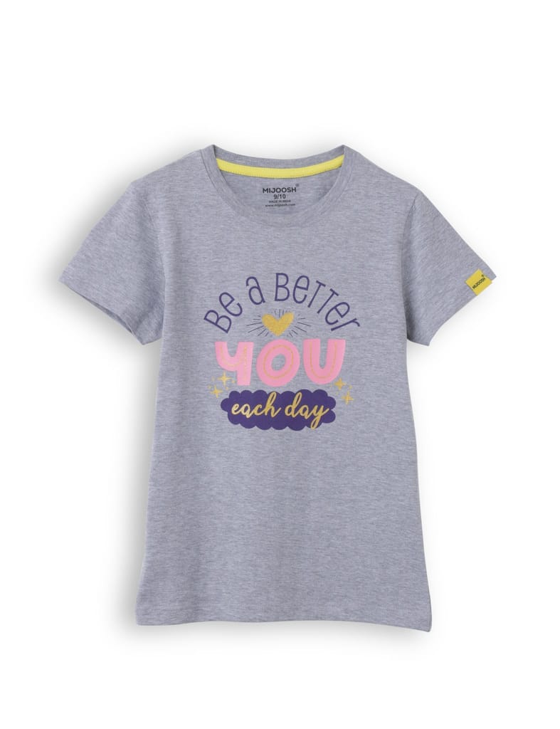 Luxurious Kids Girls T-Shirt Grey Heather Mélange / Vibrant Orange, Soft Cotton, Ages 7-14 (2pcs