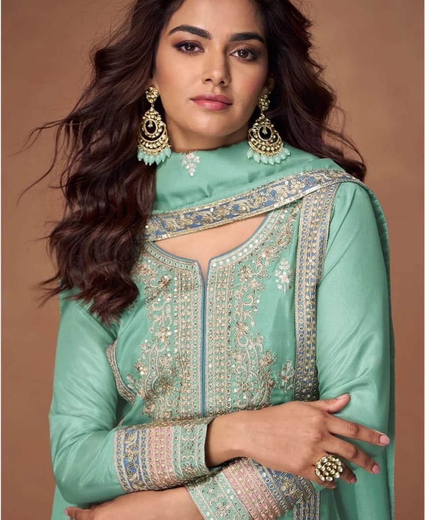 vichitra silk light green heavy embroidered straight suit for women