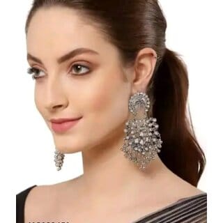Oxidised Silver Chandelier Earrings, Traditional Floral Design with Pearl Beads, Antique Finish Oxidised Silver Chandelier Earrings, Traditional Floral Design with Pearl Beads, Antique Finish