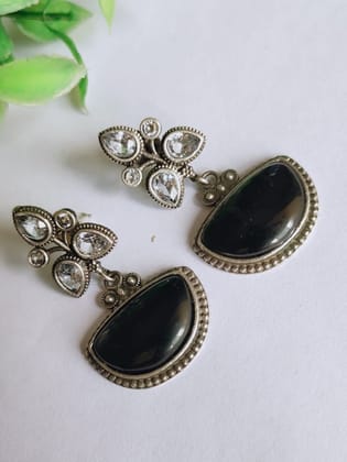 Oxidised Silver Look-Alike Stone D-Shape Dangler Earrings | Sarichka-Black+WhiteAD