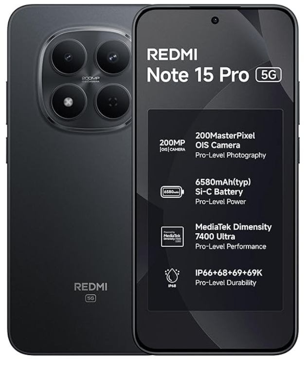 REDMI Note 15 Pro 5G (Carbon Black, 8GB+128GB) | 200MasterPixel OIS Camera | Dimensity 7400-Ultra | 17.3cm CrystalRes AMOLED Screen | IP66/68/69/69K | Mega 6580mAh Si/C Battery | 45W Fast Charging