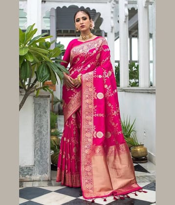 fab woven Art Silk Woven Kanjeevaram Sarees With Unstitched Blouse Piece ( Rani )