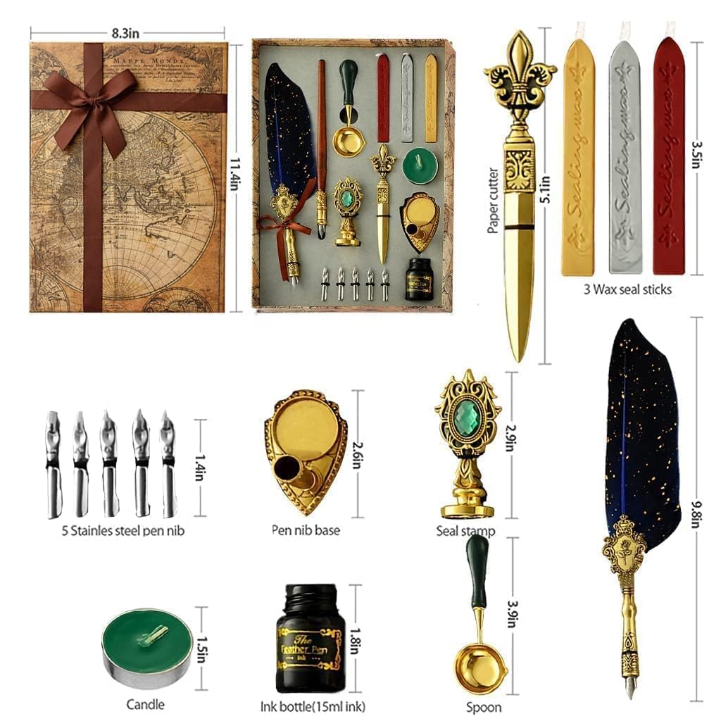 Quill Pen Ink Wax Seal Stamp Gift Set, Feather Pen Ink Set Includes Feather Dip Pen,Ink,5 Replacement Nibs,3 Wax Seal Sticks,Pen Nib Base,Seal Stamp, White Wax,Spoon, Valentine Gift