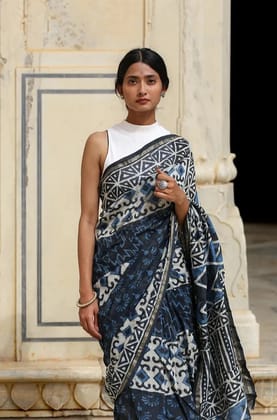 MOORA Indigo Prism Hand Block Print Chanderi Silk Cotton Saree Length 5.50 Meters Width 45 Inches with Blouse Piece 1 metre   