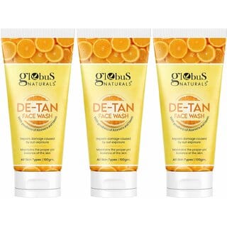 Globus Naturals De Tan Face Wash, Enriched with Neem & Aloe Vera, Tan Removal, Anti Pollution & Oil Control Formula, Chemical Free, Cruelty Free, Suitable For All Skin Types, 100 ml, Set of 3