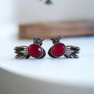 Peacock Oxidised Stud Earrings | Sarichka-Red