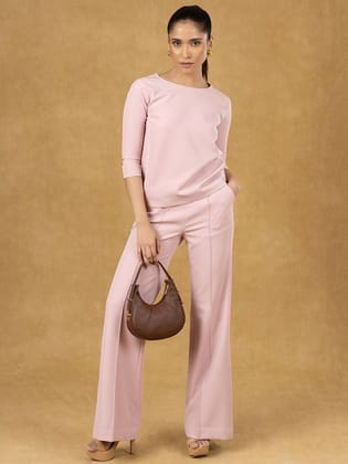 Pink Solid Boxy Top with Pullover Wide Leg Trousers-M