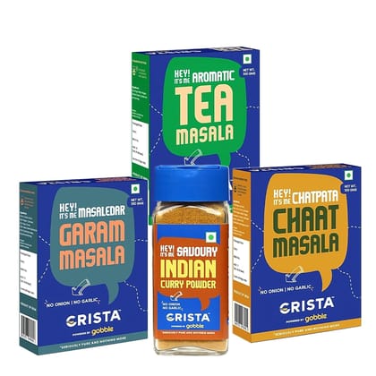 CRISTA Desi Multipurpose Seasonings Combo Pack (Chaat Masala 100 gm, Garam Masala 100 gm, Indian Curry Powder 45 gm & Tea Masala 100 gm) - Pack of 4
