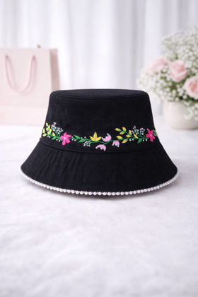 Floral Hand Embroidered Bucket Hat (Free Size) | Pearl Beaded Brim | Casual & Party Wear