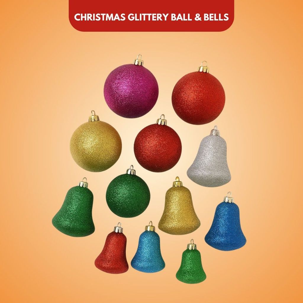 Christmas Glittery Ball & Bells for Xmas Tree Decoration Combo Kit - 12PC - Party and Festive Needs | Buy online on ZillyBuy