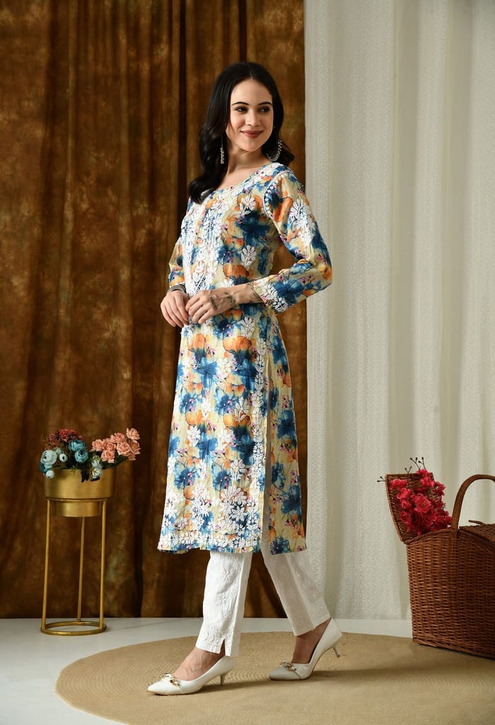 Multi color Mulmul Pure Cotton Lucknow Chikankari Kurta -Teal & Orange